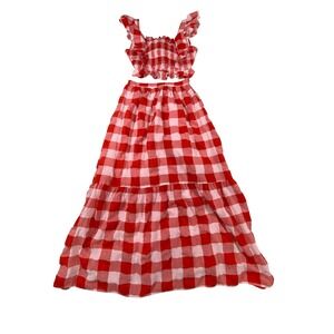 English Factory Red Pink Gingham Smocked Ruffle Top Maxi Skirt Set XS